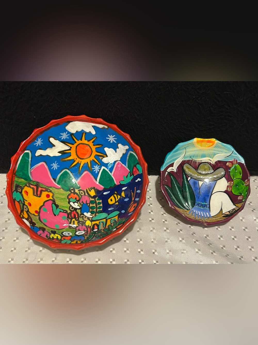 TALAVERA Bowl Pottery Glazed Footed Vintage Mexico Lot Of 2 Folk Art
